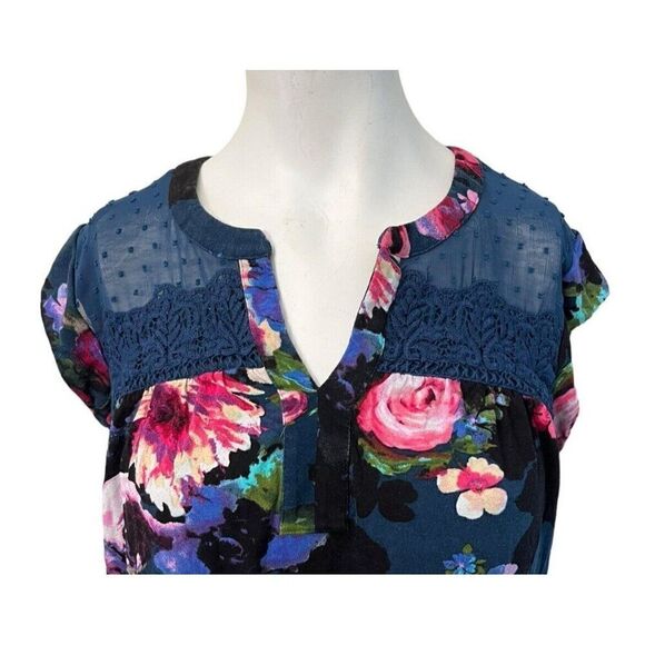 Daniel Rainn Ladies Small Dark Blue Floral Top Swiss Dot Chiffon Lace Blouse - Picture 2 of 7